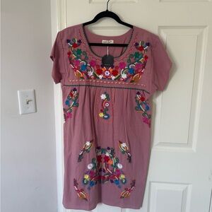 Embroidered Midi Dress in Pink